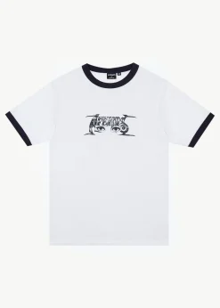 T-Shirts<Afends All Eyez  - Ringer Tee White / Deep Sea