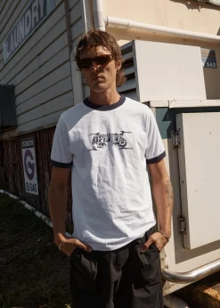 T-Shirts<Afends All Eyez  - Ringer Tee White / Deep Sea