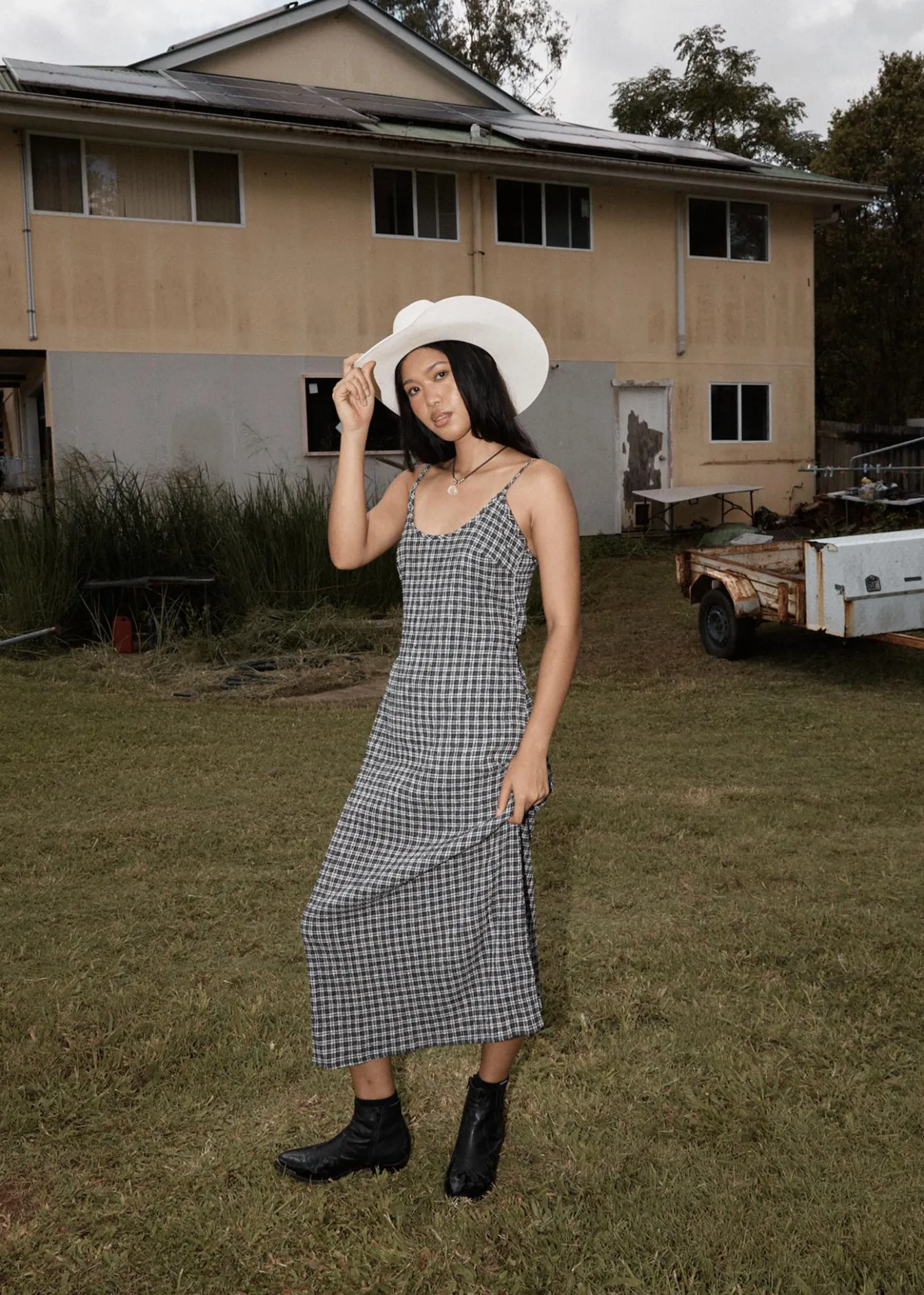 Dresses<Afends Asta Rumi - Seersucker Midi Dress Steel Check