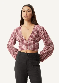 Long Sleeve|Sets & Co-Ords<Afends Base  - Seersucker Long Sleeve Top Burgundy Check