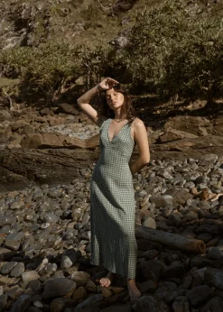 Dresses<Afends Base  - Seersucker Maxi Dress Deep Green Check