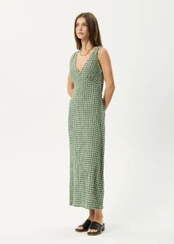Dresses<Afends Base  - Seersucker Maxi Dress Deep Green Check