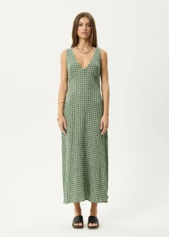 Dresses<Afends Base  - Seersucker Maxi Dress Deep Green Check