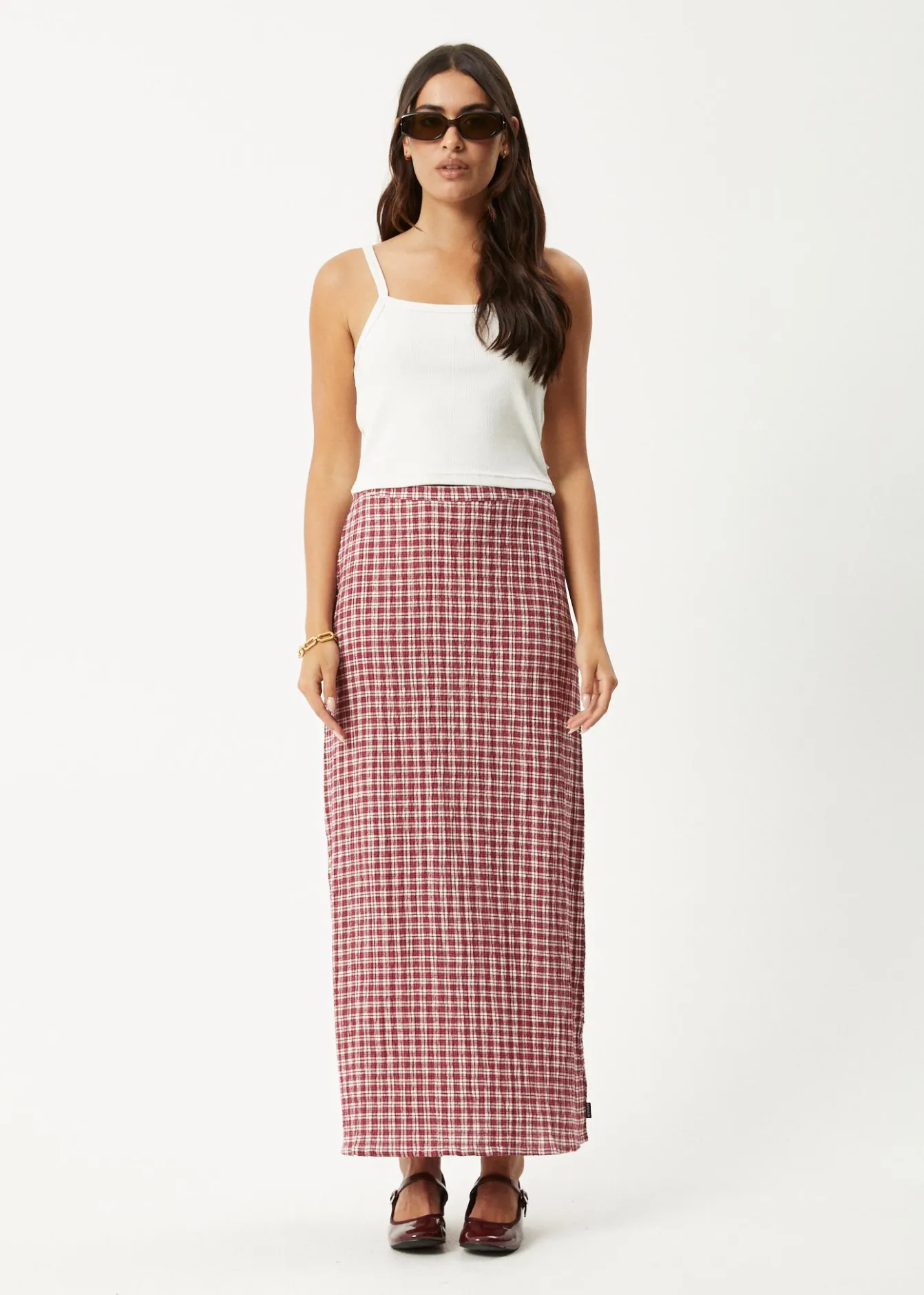Sets & Co-Ords|Skirts<Afends Base - Seersucker Maxi Skirt Burgundy Check