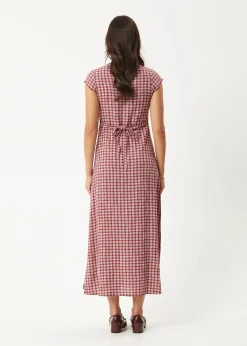 Dresses<Afends Base  - Seersucker Midi Dress Burgundy Check