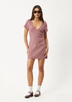 Dresses<Afends Base  - Seersucker Mini Dress Burgundy Check