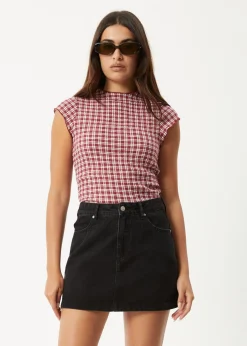 Sets & Co-Ords|Sleeveless<Afends Base  - Seersucker Mock Neck Top Burgundy Check