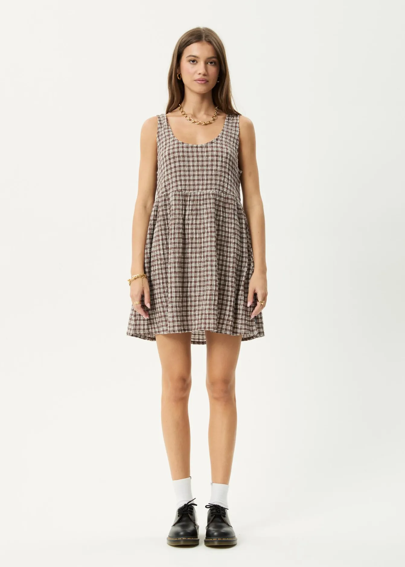 Dresses<Afends Base Jesse - Seersucker Mini Dress Coffee Check