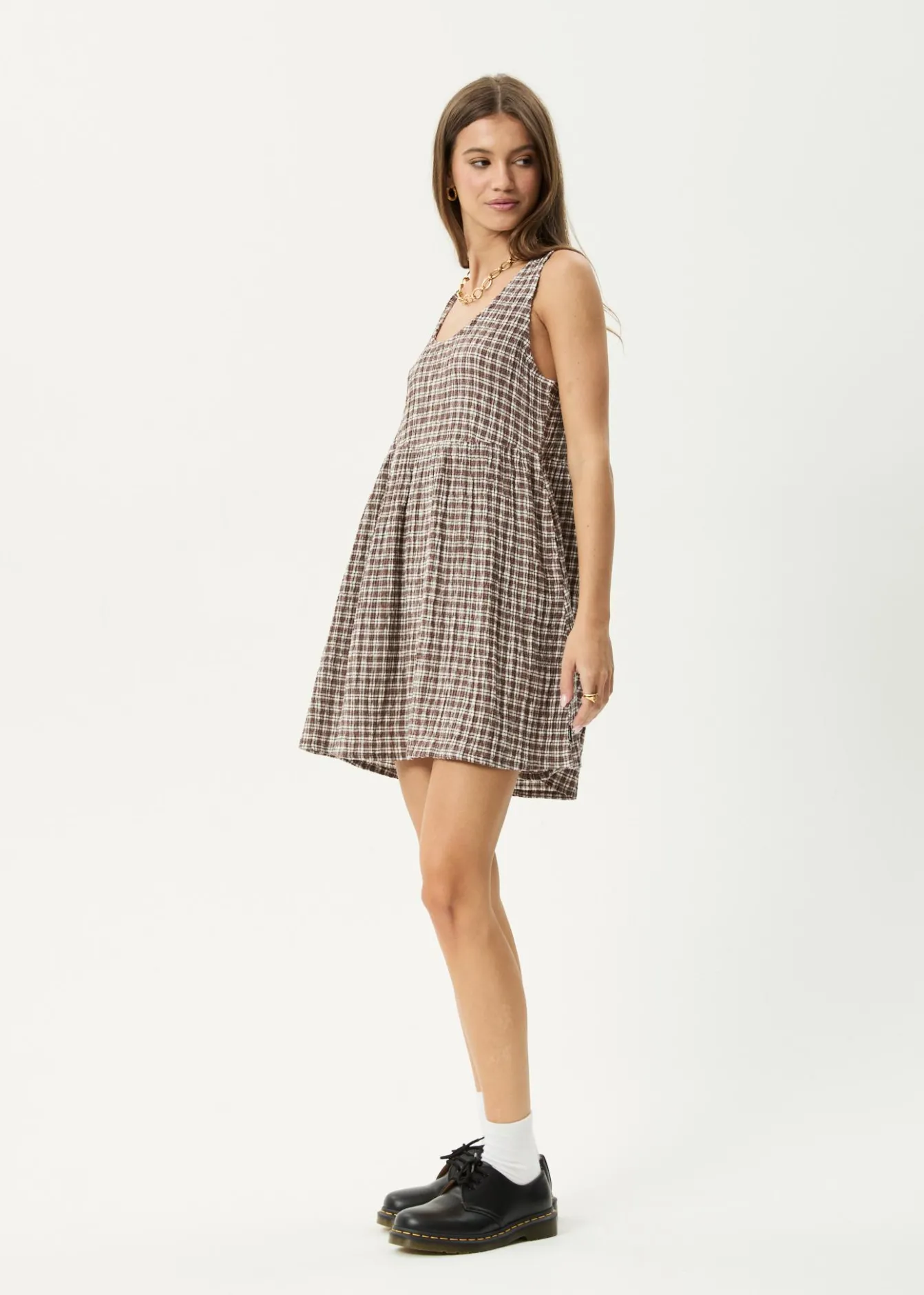 Dresses<Afends Base Jesse - Seersucker Mini Dress Coffee Check