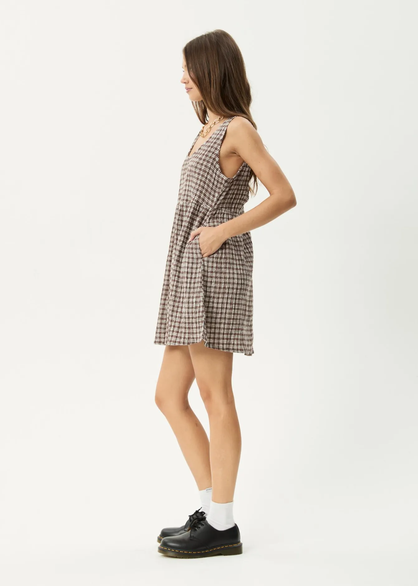 Dresses<Afends Base Jesse - Seersucker Mini Dress Coffee Check