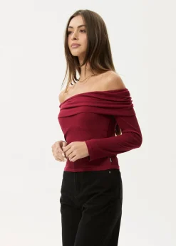 Long Sleeve<Afends Beckett - Off-Shoulder Long Sleeve Top Burgundy