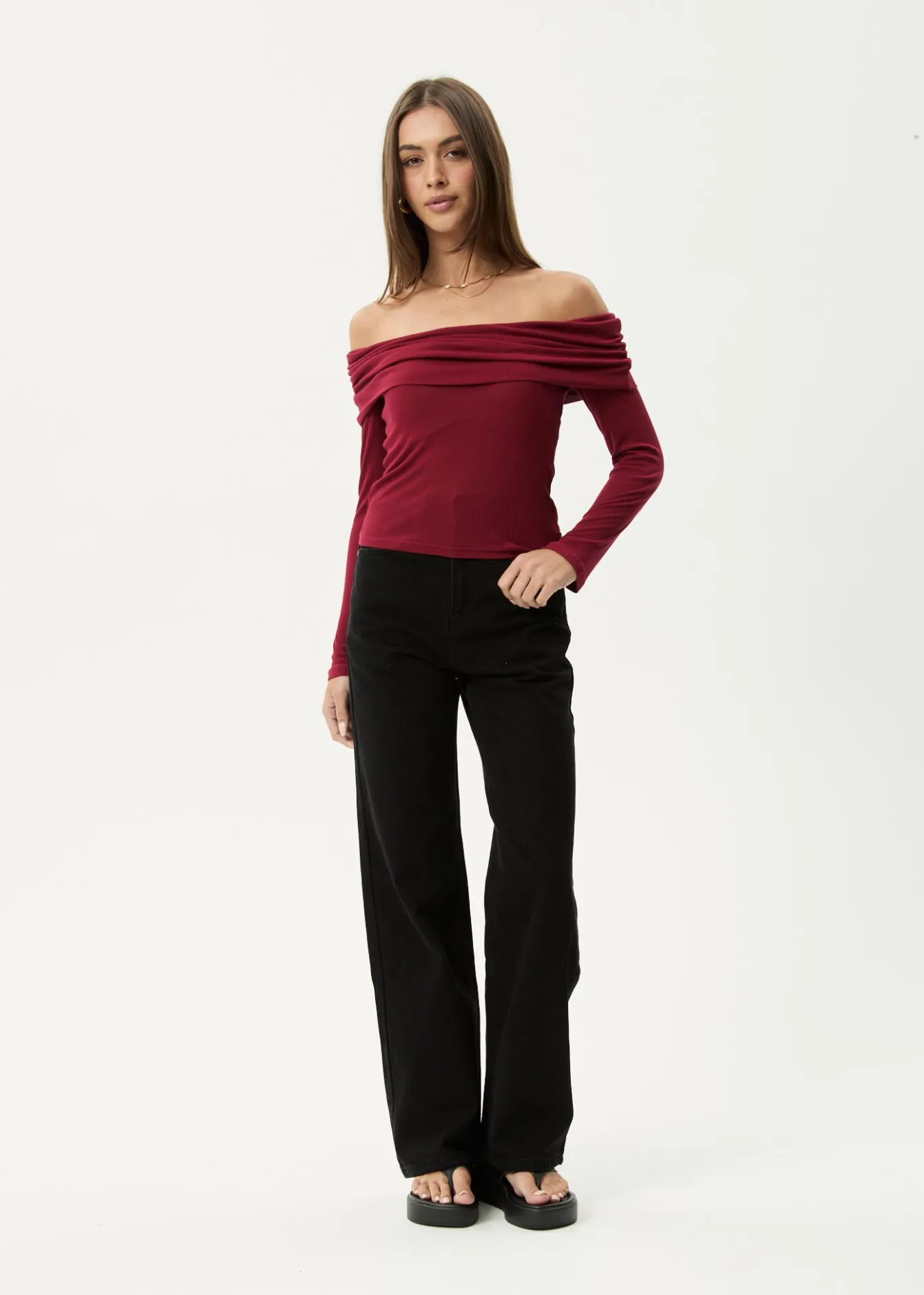 Long Sleeve<Afends Beckett - Off-Shoulder Long Sleeve Top Burgundy