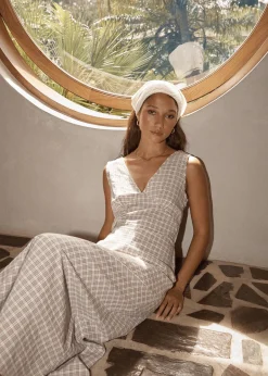Dresses<Afends Drew  - Seersucker Maxi Dress Taupe Check
