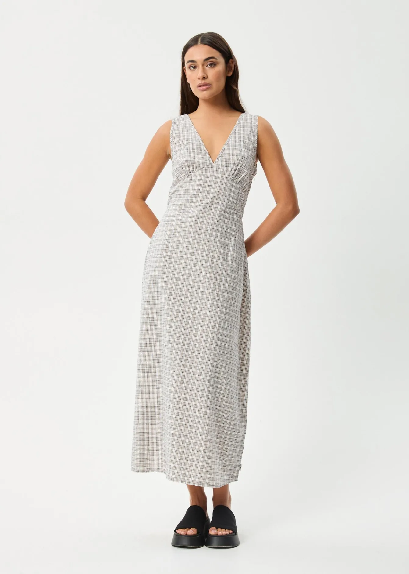 Dresses<Afends Drew - Seersucker Maxi Dress Taupe Check