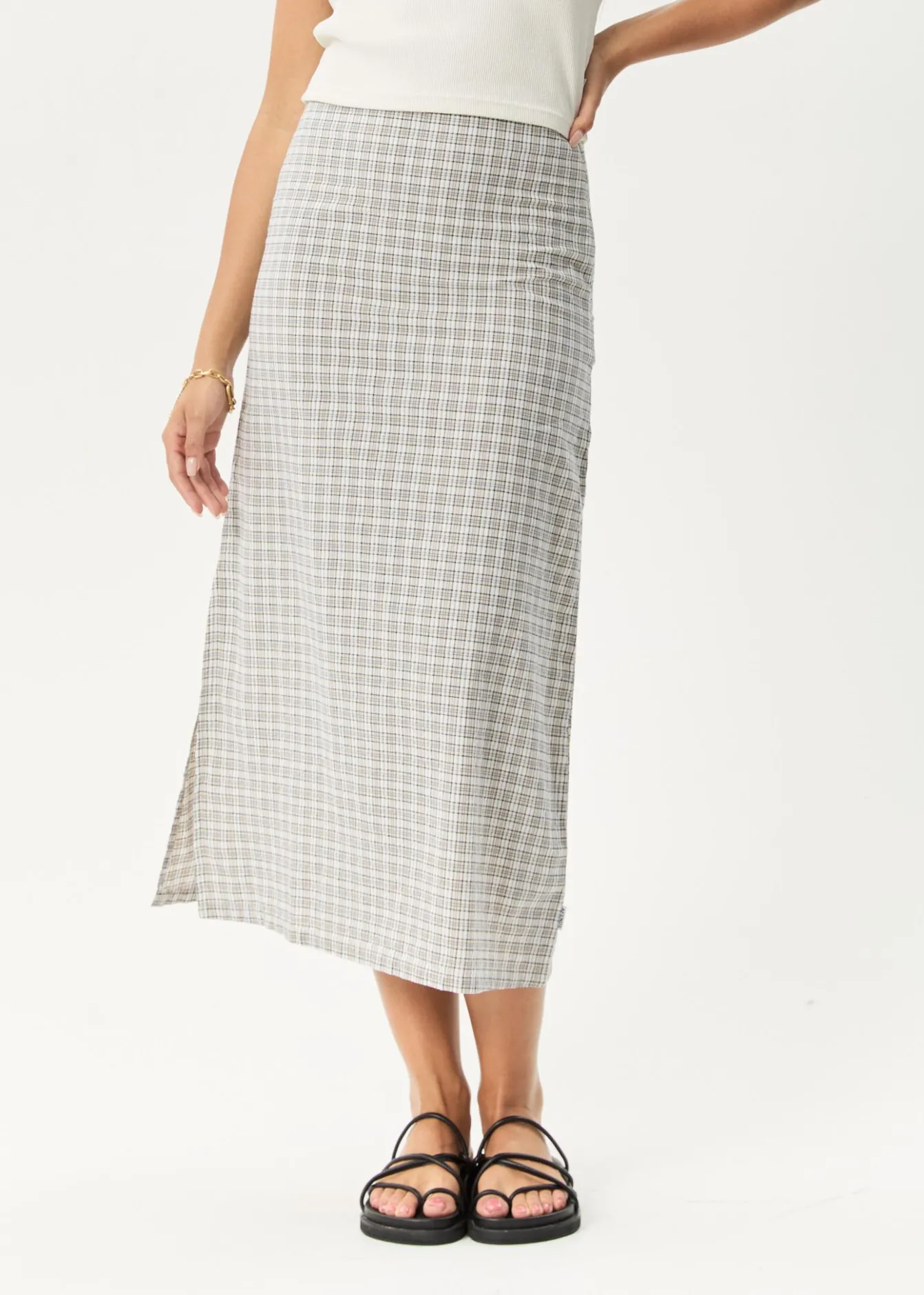 Sets & Co-Ords|Skirts<Afends Drew - Seersucker Midi Skirt Taupe Check