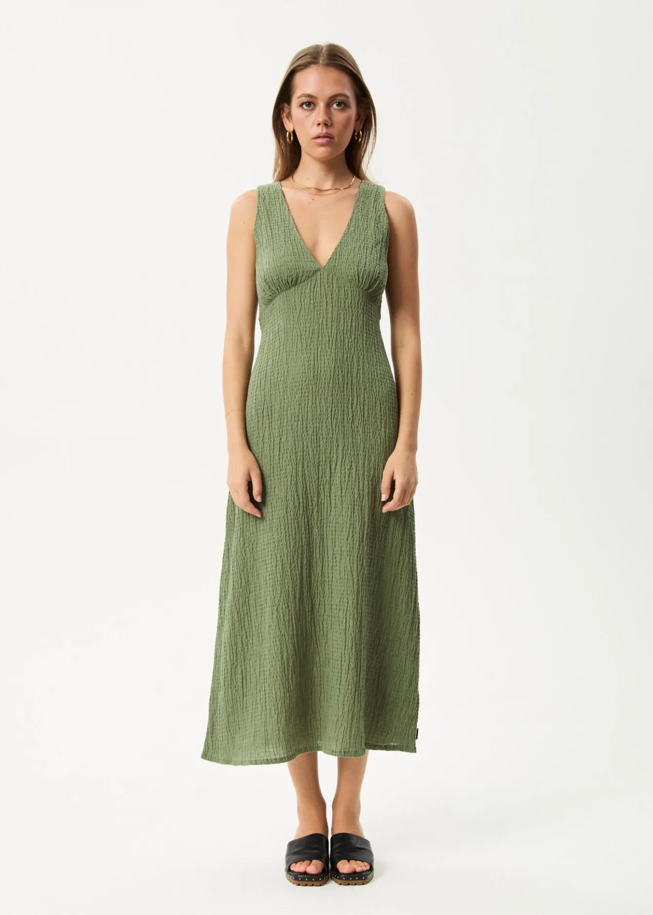Dresses<Afends Focus - Seersucker Maxi Dress Oil Green
