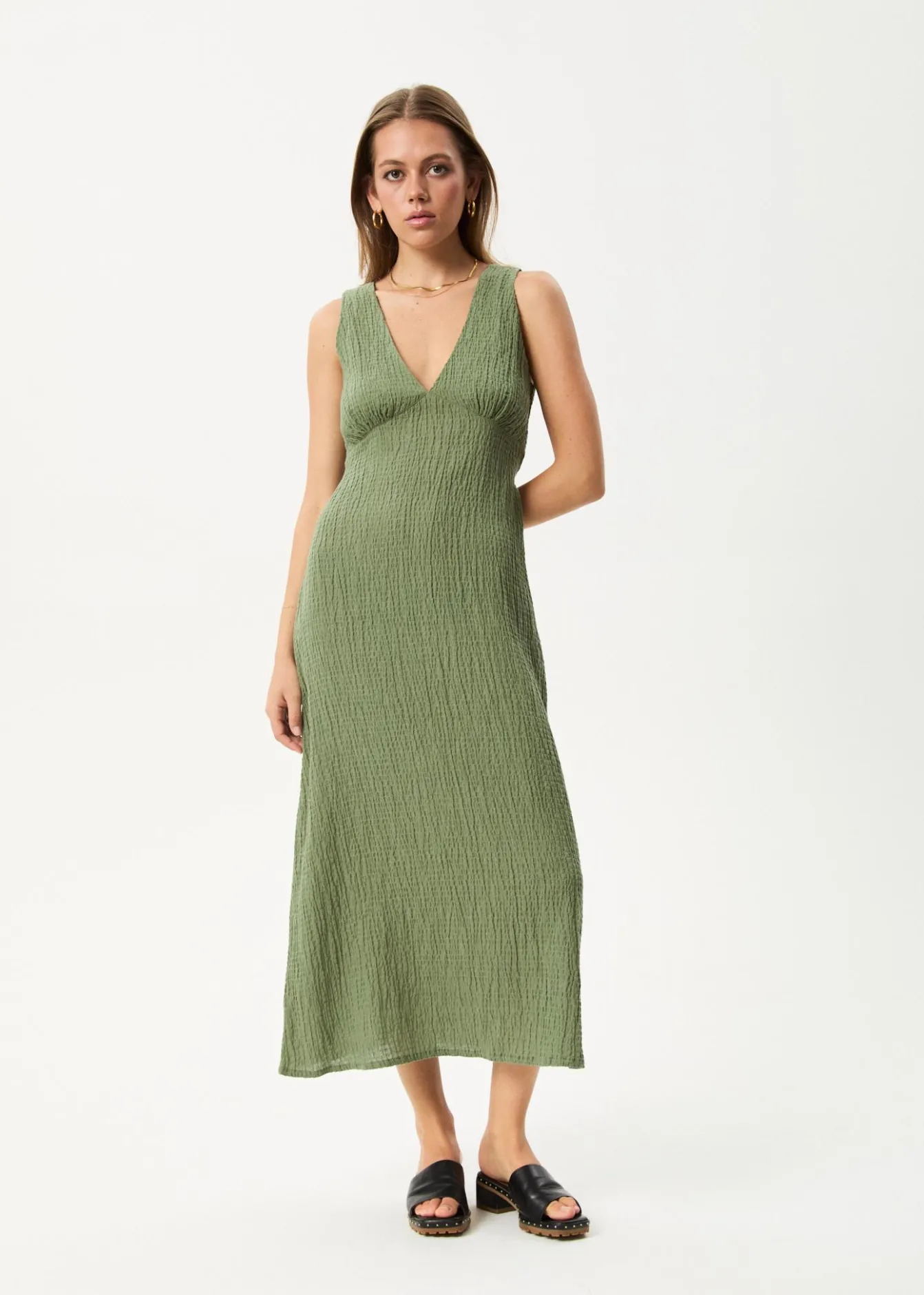 Dresses<Afends Focus - Seersucker Maxi Dress Oil Green