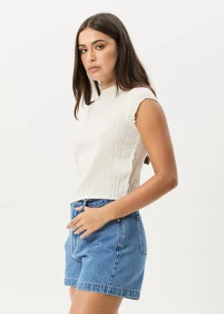 Tees & Shirts<Afends Focus  - Seersucker Mock Neck Top Off White