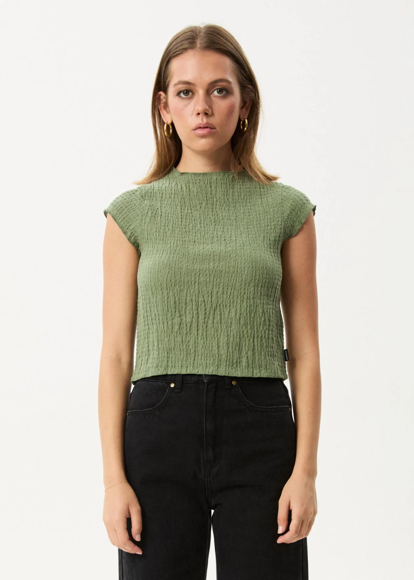 Sets & Co-Ords|Sleeveless<Afends Focus - Seersucker Mock Neck Top Oil Green