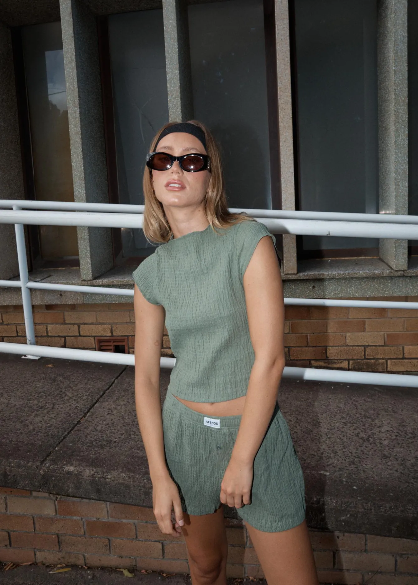 Sets & Co-Ords|Sleeveless<Afends Focus - Seersucker Mock Neck Top Oil Green