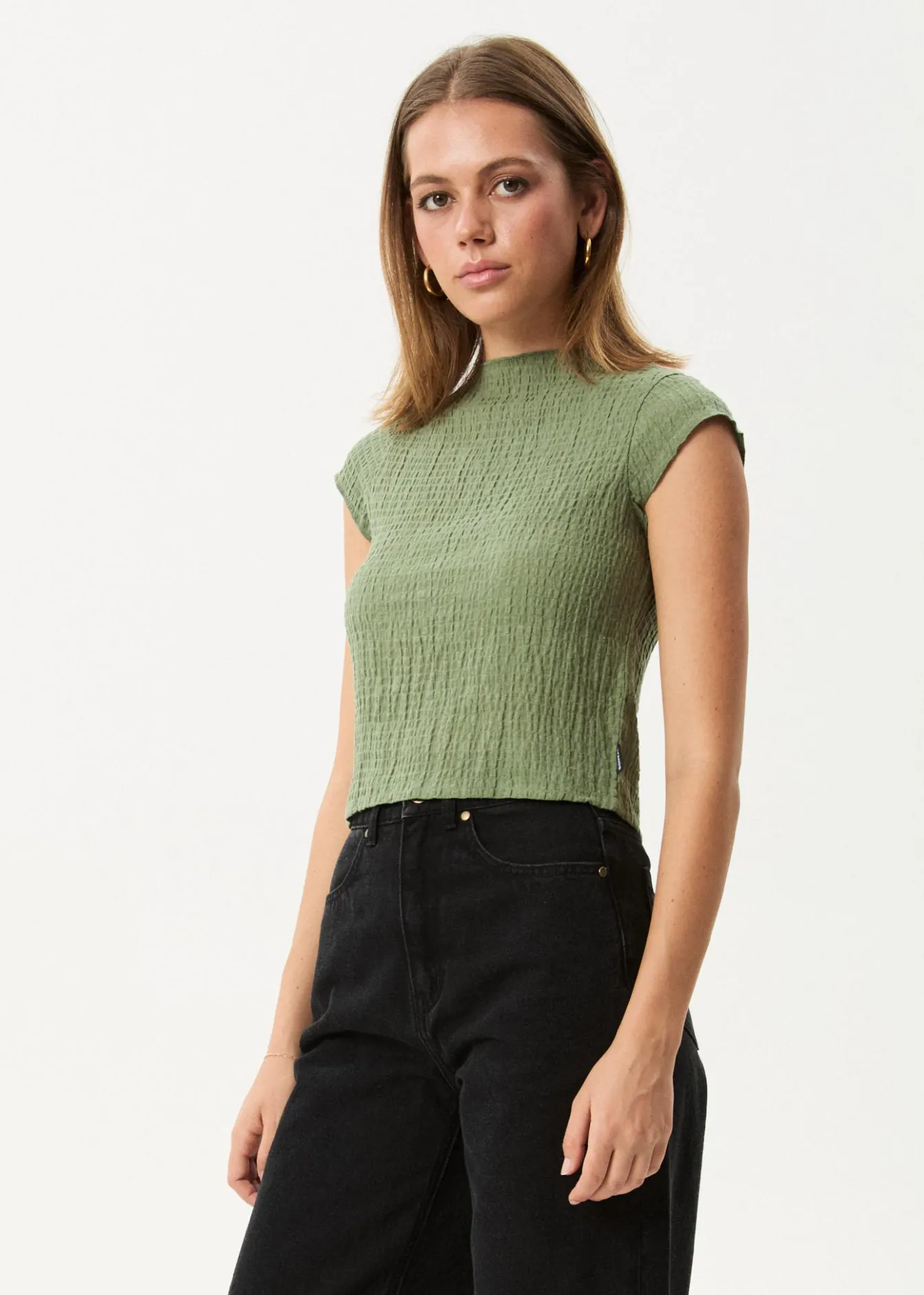 Sets & Co-Ords|Sleeveless<Afends Focus - Seersucker Mock Neck Top Oil Green