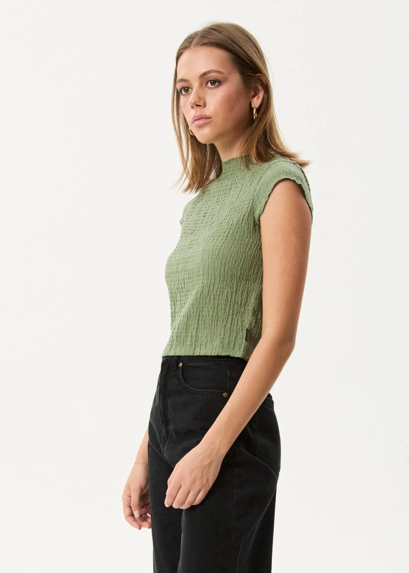 Sets & Co-Ords|Sleeveless<Afends Focus - Seersucker Mock Neck Top Oil Green