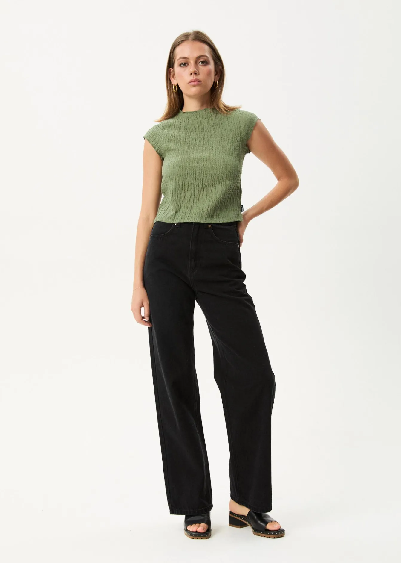 Sets & Co-Ords|Sleeveless<Afends Focus - Seersucker Mock Neck Top Oil Green