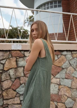 Dresses<Afends Focus Jesse - Seersucker Mini Dress Oil Green