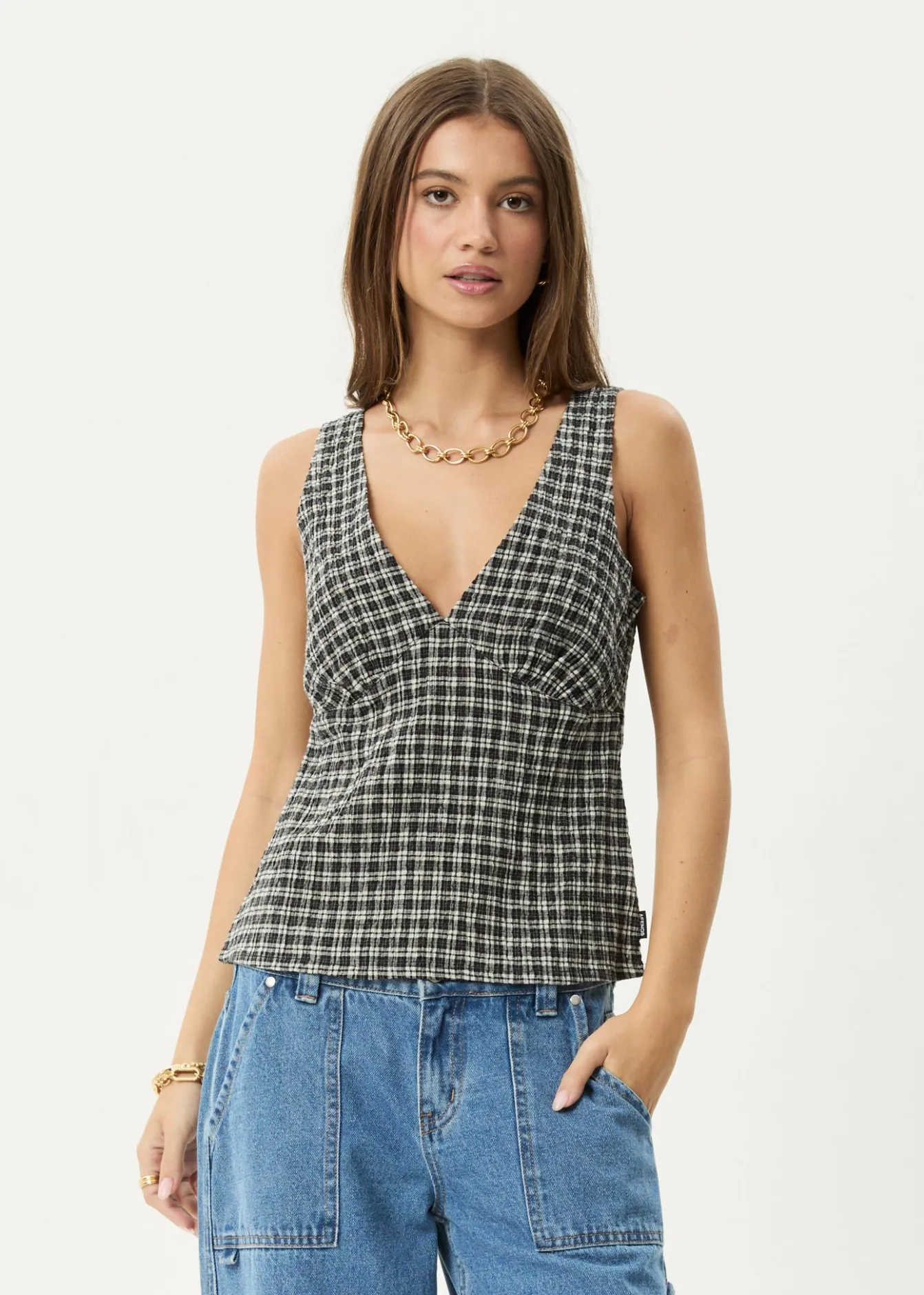 Sets & Co-Ords|Sleeveless<Afends Giselle Asta - Seersucker Top Steel Check