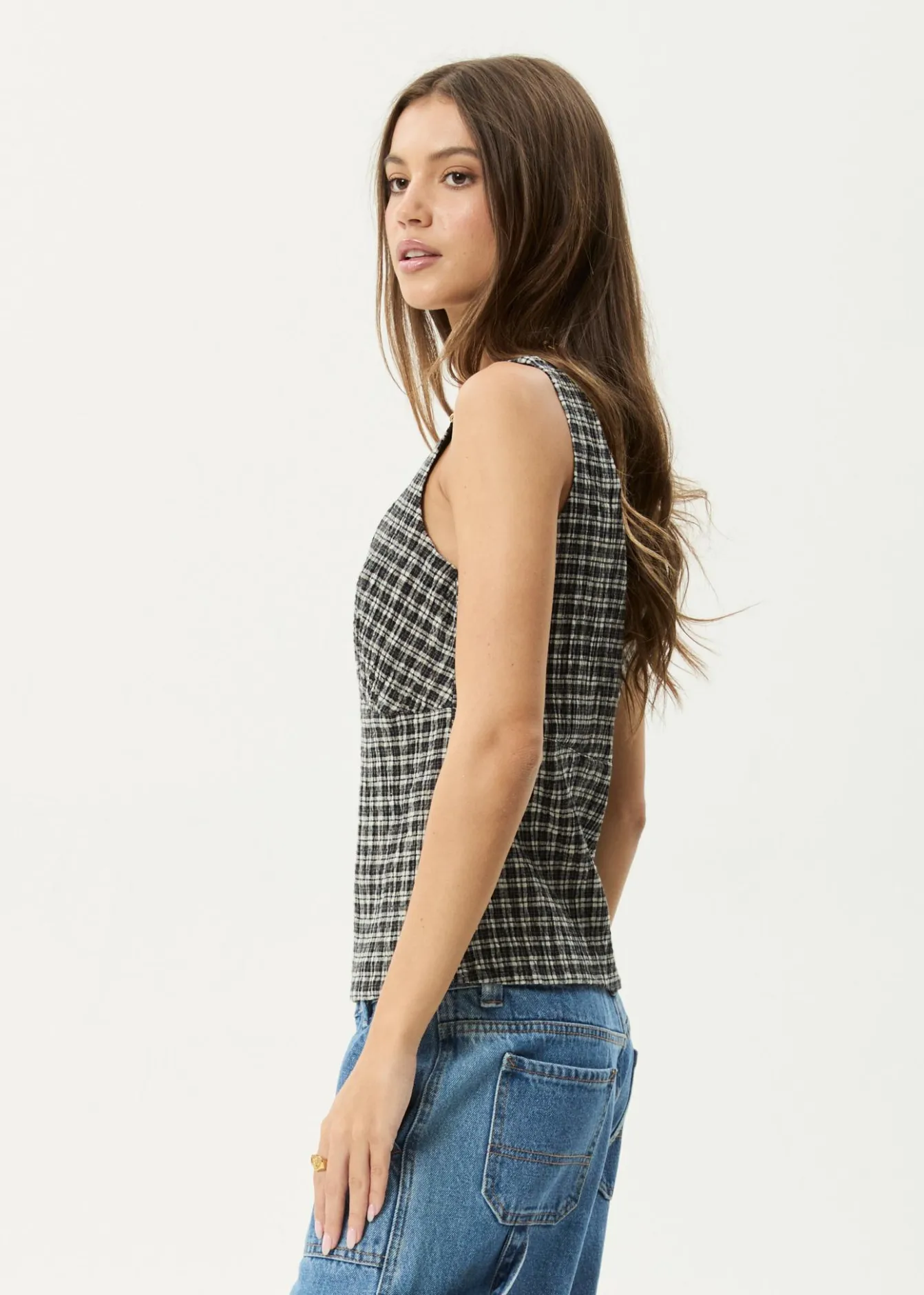 Sets & Co-Ords|Sleeveless<Afends Giselle Asta - Seersucker Top Steel Check
