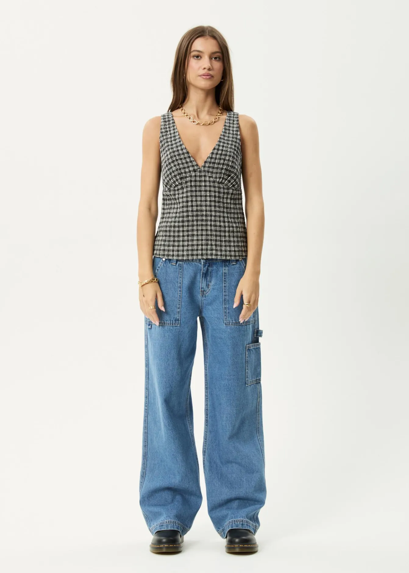 Sets & Co-Ords|Sleeveless<Afends Giselle Asta - Seersucker Top Steel Check