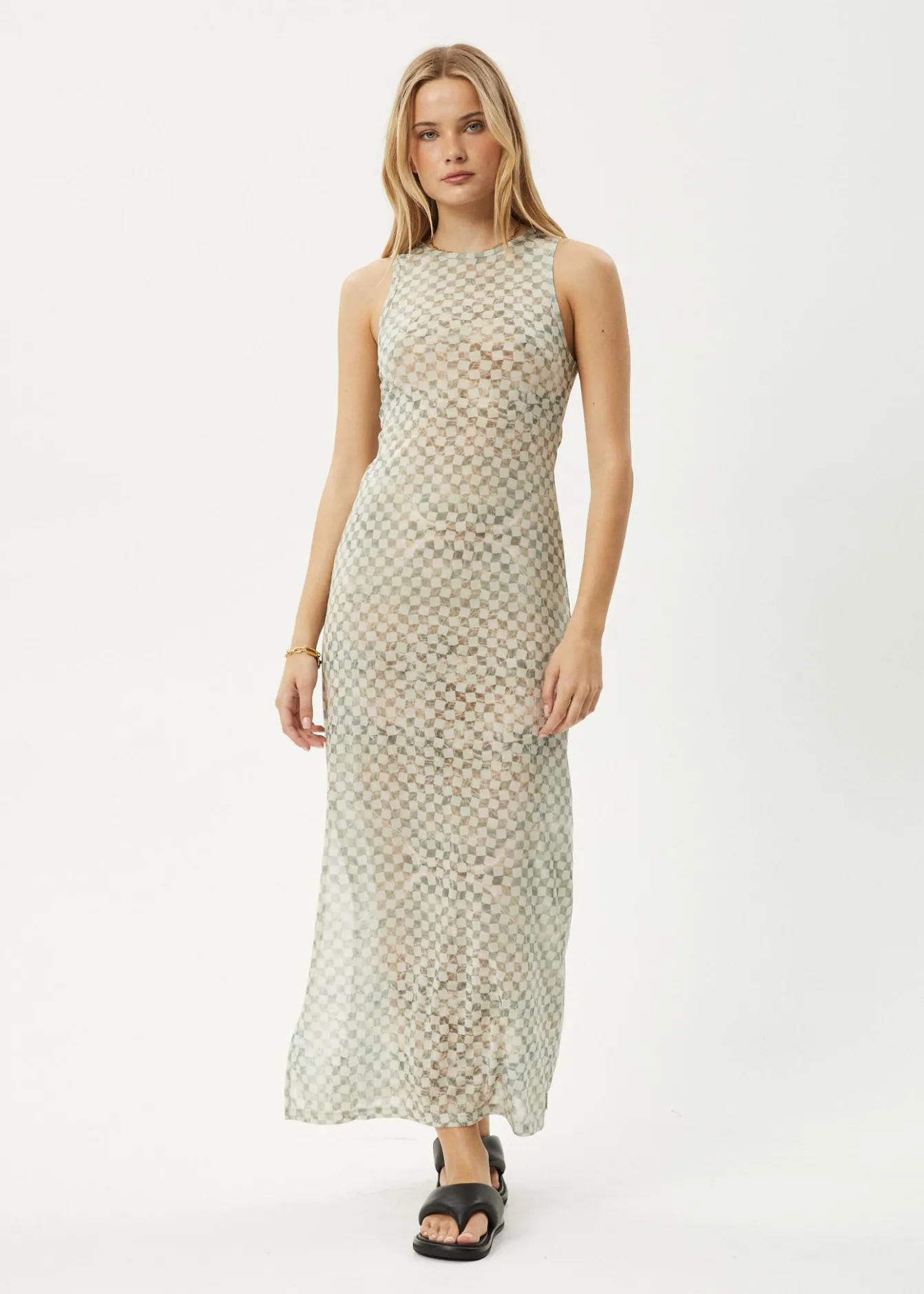 Dresses<Afends Glasshouse - Sheer Maxi Dress Sand Checker