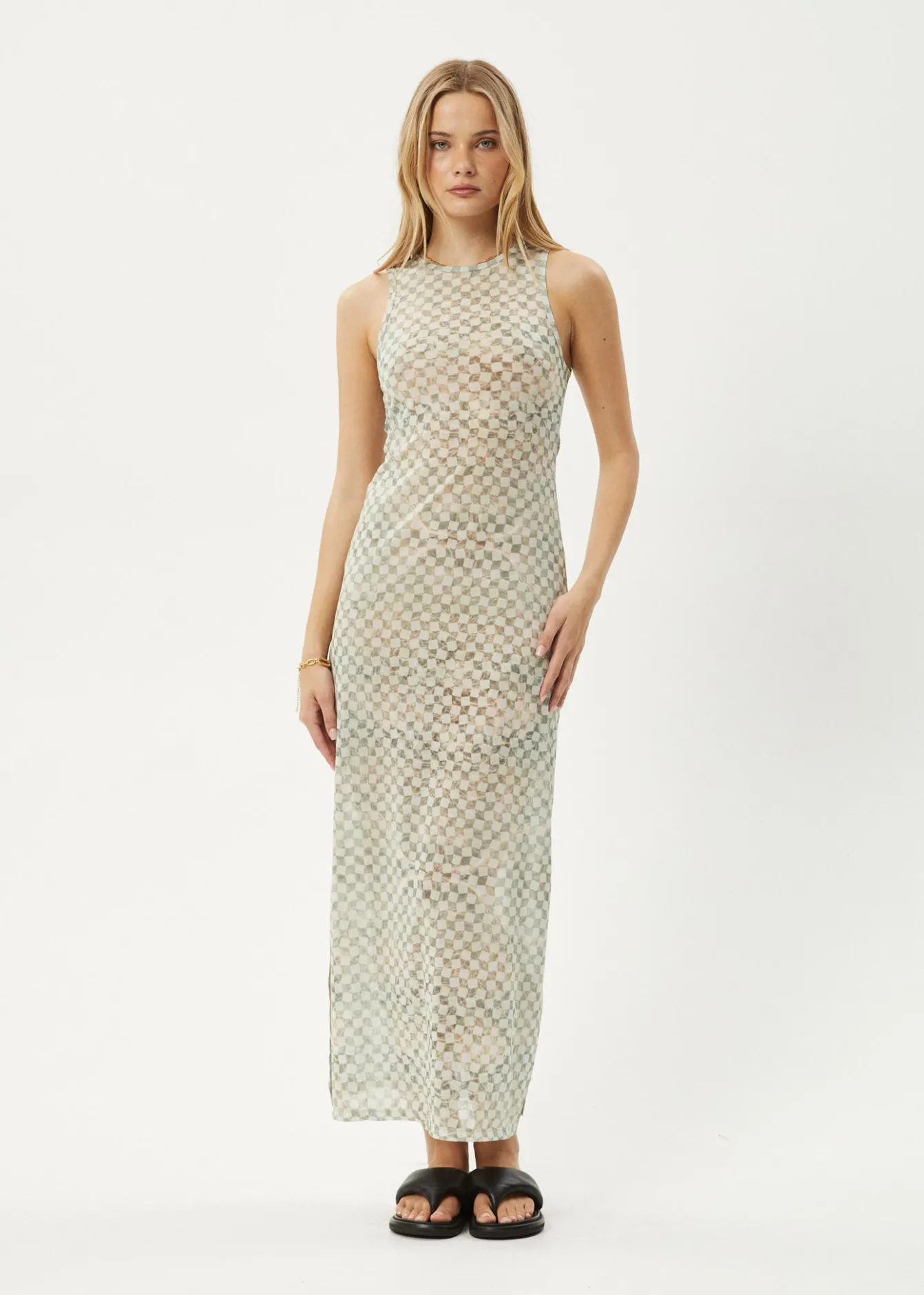 Dresses<Afends Glasshouse - Sheer Maxi Dress Sand Checker