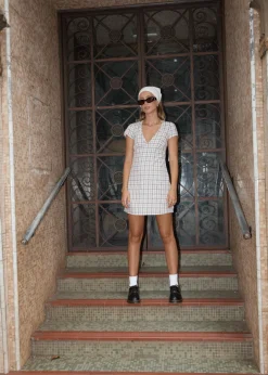 Dresses<Afends Leo  - Seersucker Mini Dress Coffee / White