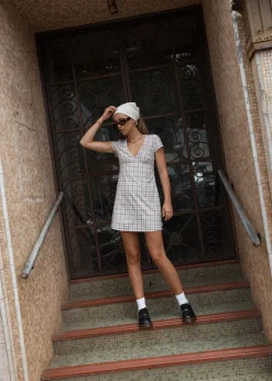 Dresses<Afends Leo - Seersucker Mini Dress Coffee / White