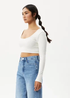 Long Sleeve|Essentials<Afends Milla  - Rib Long Sleeve Cropped Top Off White