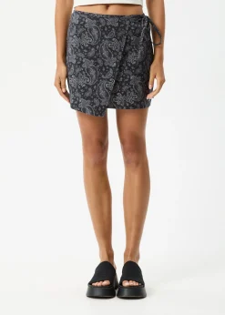 Skirts<Afends Paisley  - Mini Wrap Skirt Black