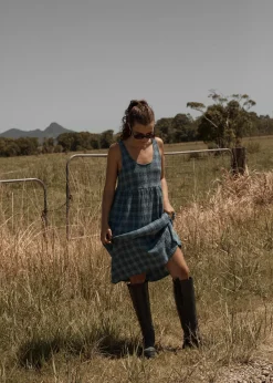 Dresses<Afends Position  - Seersucker Midi Dress Navy Check