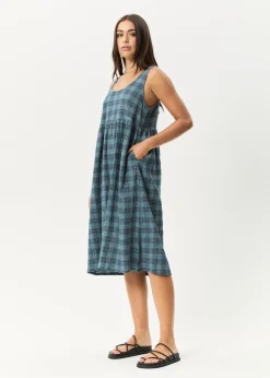 Dresses<Afends Position  - Seersucker Midi Dress Navy Check
