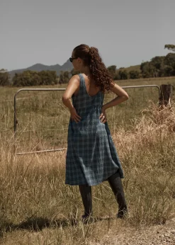 Dresses<Afends Position  - Seersucker Midi Dress Navy Check