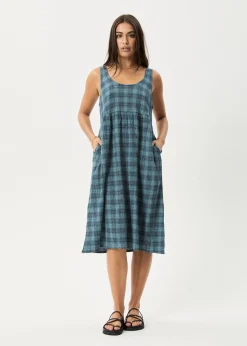 Dresses<Afends Position  - Seersucker Midi Dress Navy Check