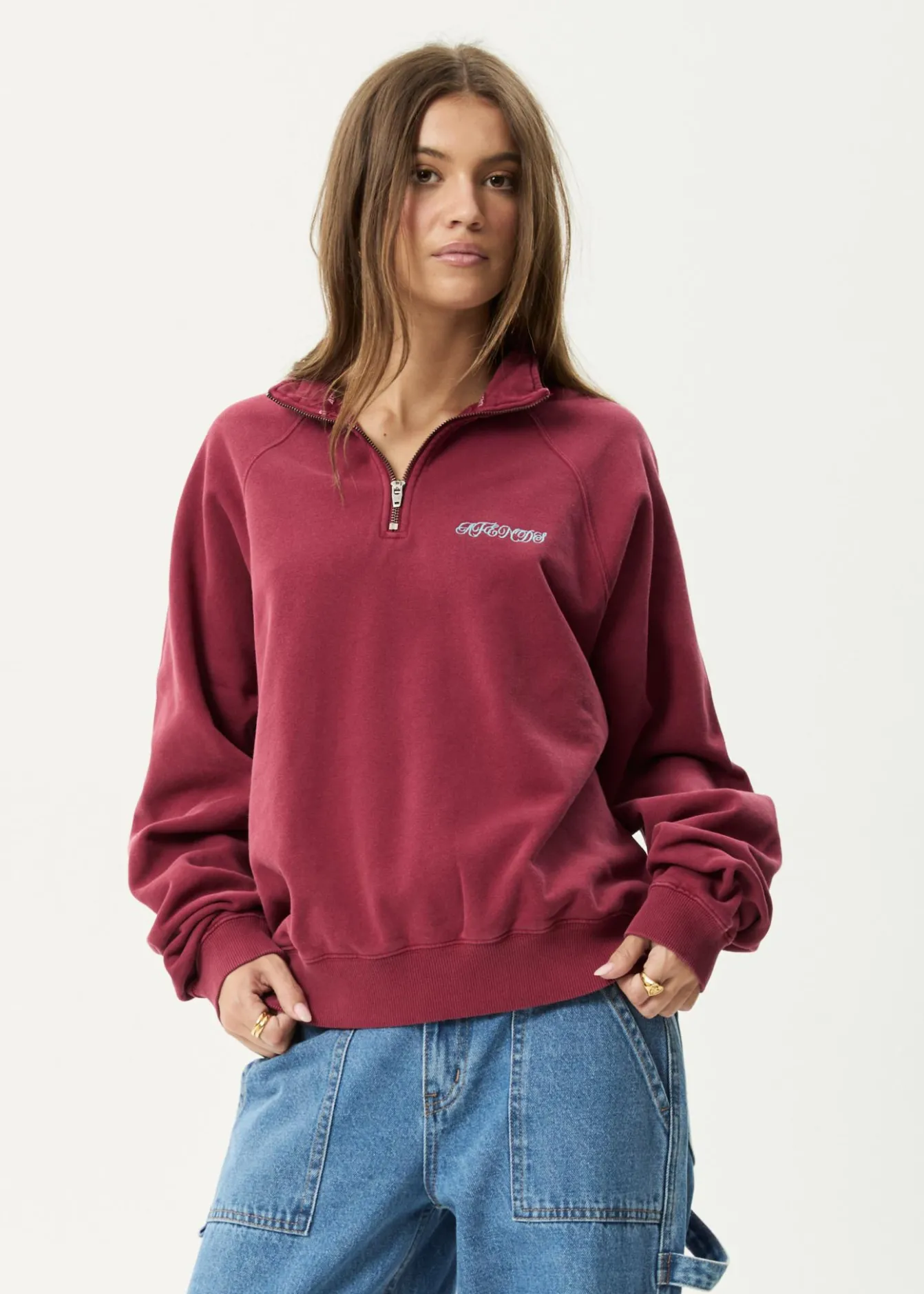 Sweaters & Hoodies|Outerwear<Afends Quartz Zip - Raglan Quarter Zip Crew Washed Burgundy