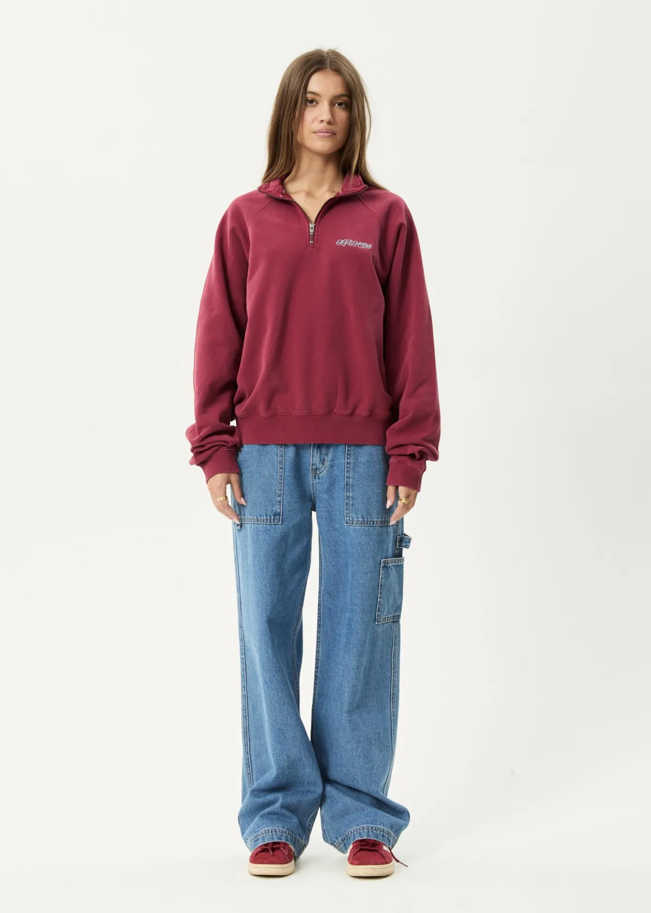 Sweaters & Hoodies|Outerwear<Afends Quartz Zip - Raglan Quarter Zip Crew Washed Burgundy
