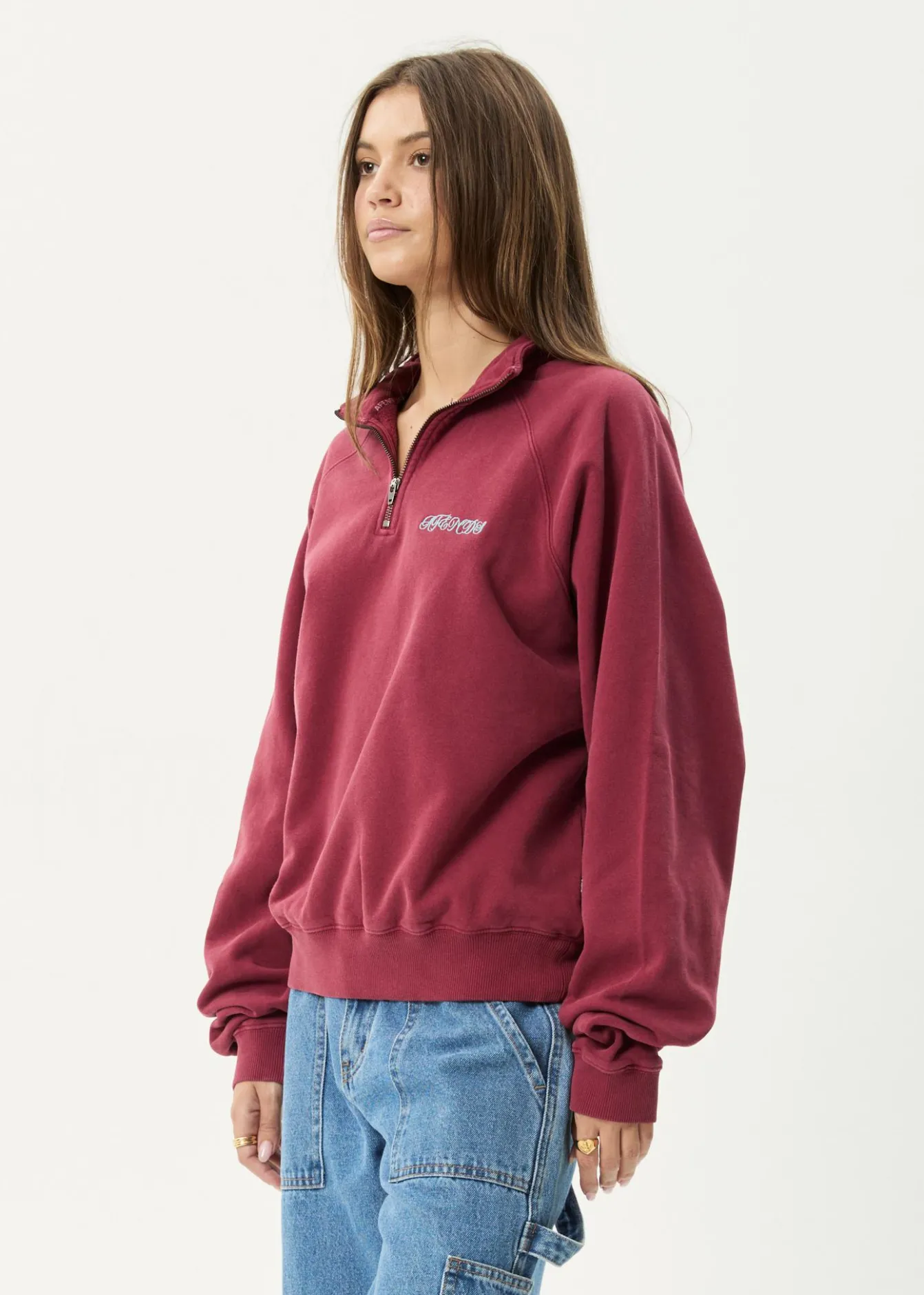 Sweaters & Hoodies|Outerwear<Afends Quartz Zip - Raglan Quarter Zip Crew Washed Burgundy